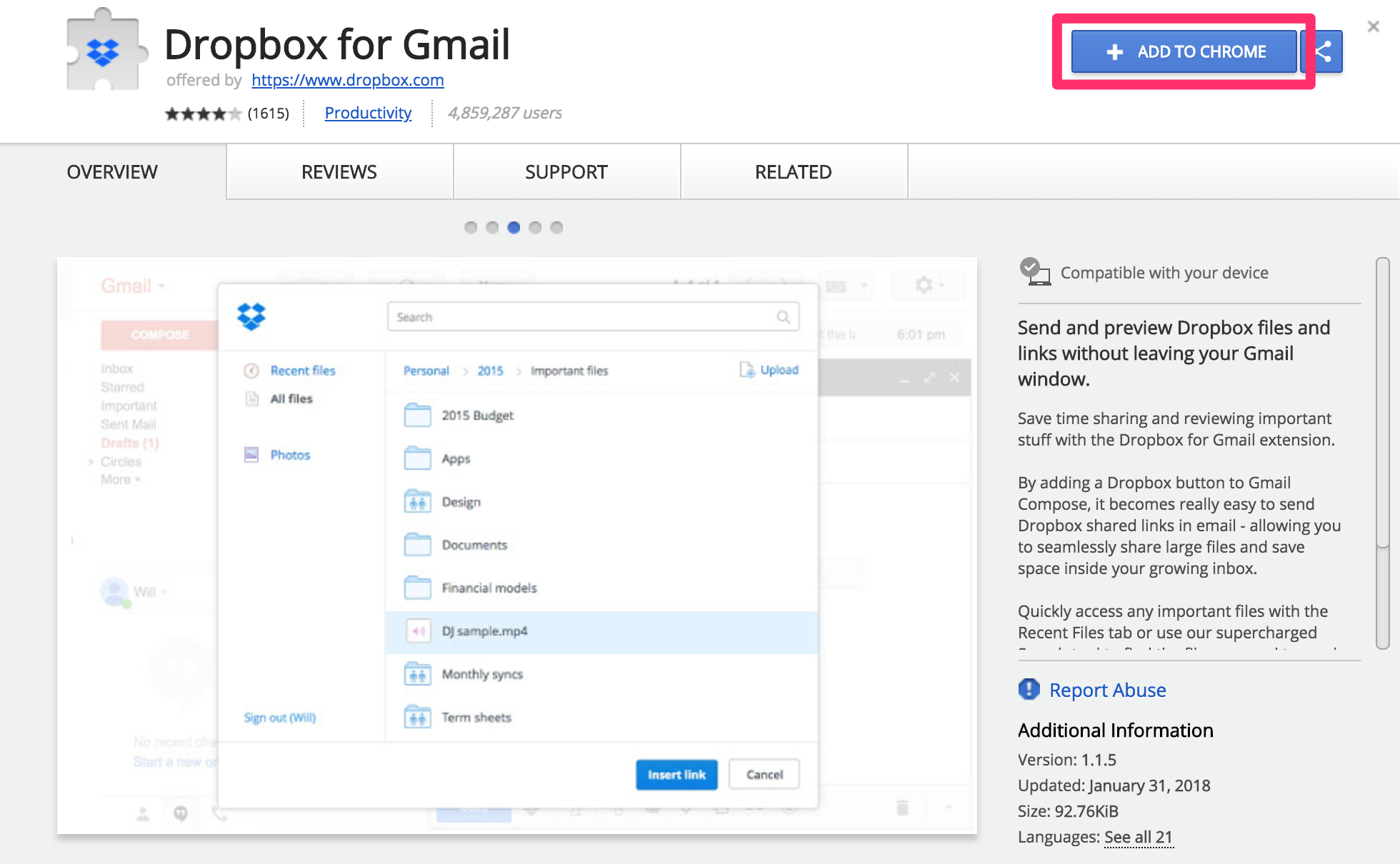 Chrome ウェブストアの Dropbox for Gmail にアクセスし、ADD TO CHROME をクリックします